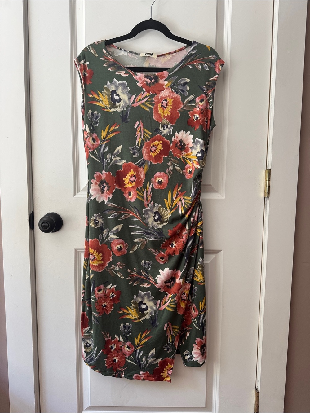 Sleeveless Olive Green Floral Midi Dress with Ruched Side